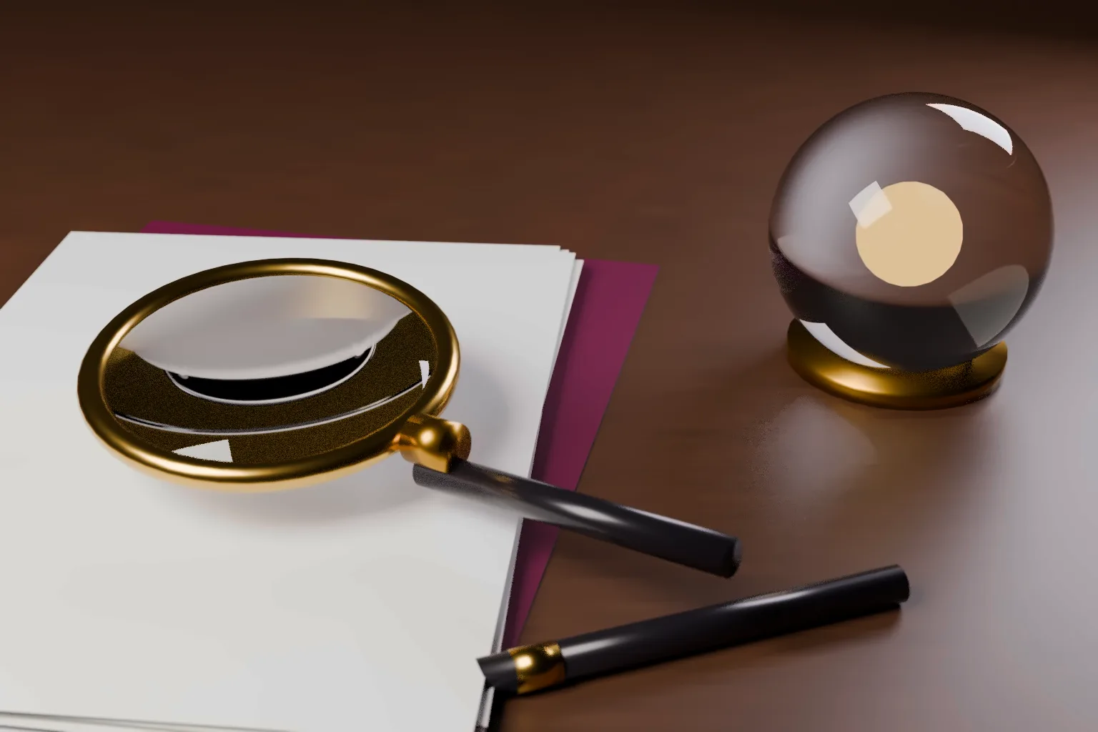 A brass magnifying glass over blank papers beside a glowing glass sphere on a dark wooden desk.