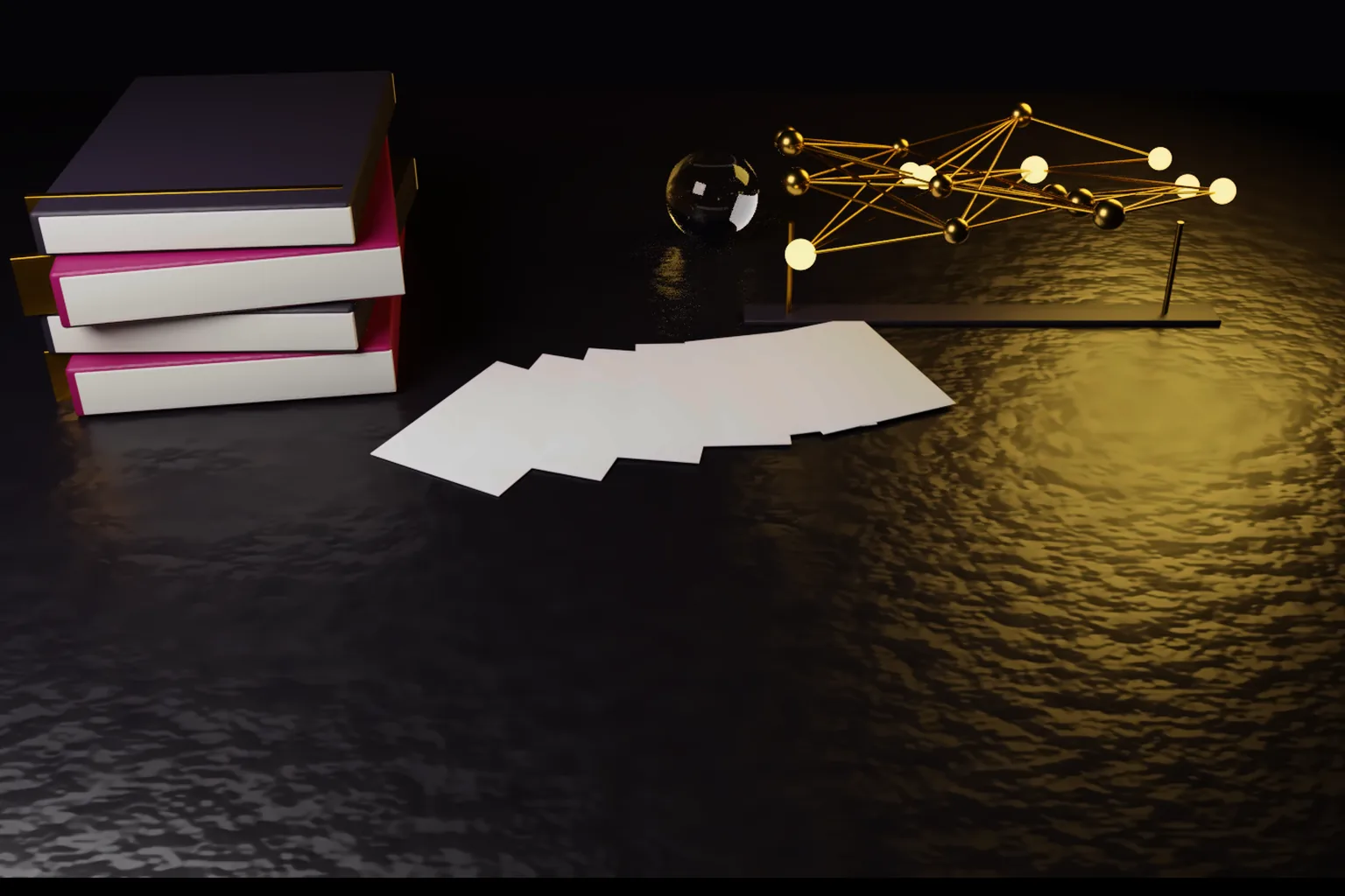 A stack of blank bound volumes in wine and dark grey with gold bands, a fan of blank white cards and a gold lattice of glowing nodes on a dark desk.