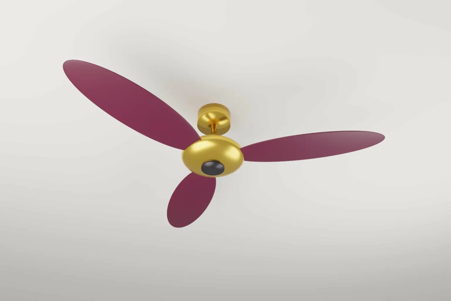 A ceiling fan with three wide, rounded wine coloured blades and a gold hub, seen from below against a pale ceiling.