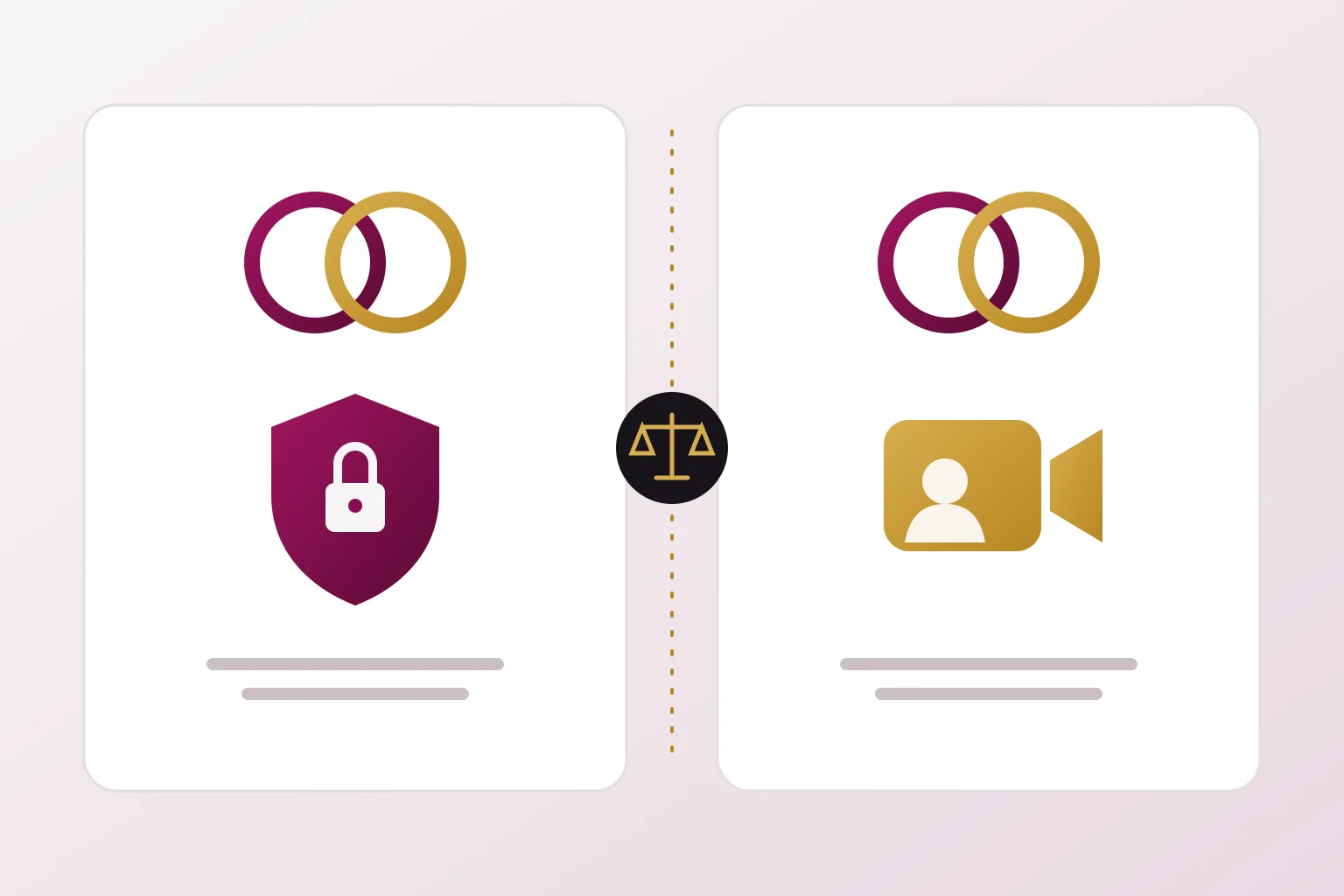 Illustration of one shared two circle mark used in two separate markets, a security product and a video calling product, divided by the scales of justice.