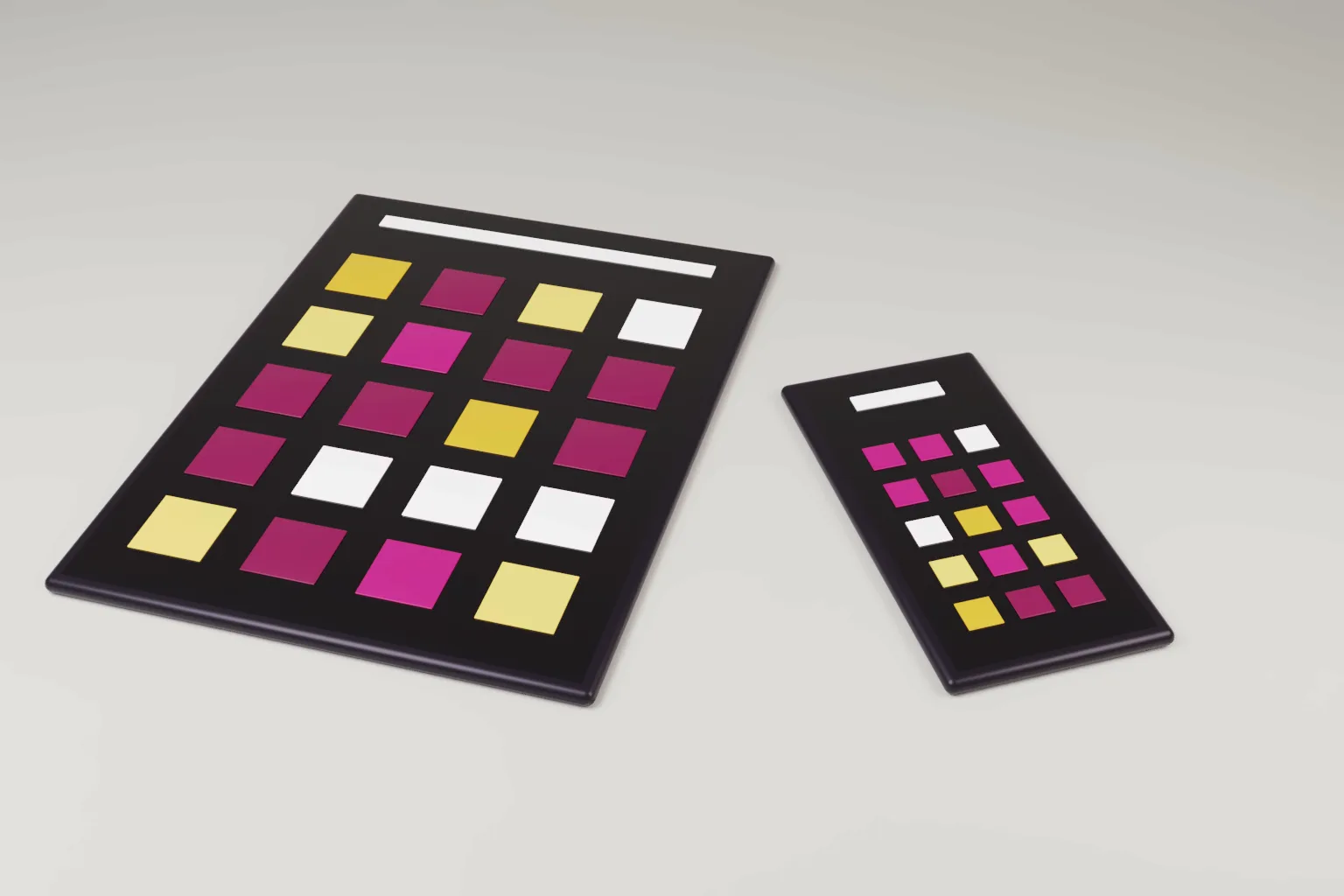 A tablet and a phone on a pale desk, each screen showing an abstract interface of coloured icon tiles in wine and gold.
