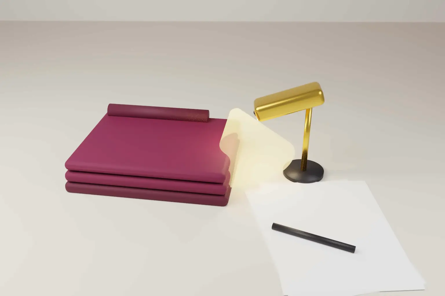 A folded wine coloured jacket on a pale table beside a small gold scanning device casting a soft beam of light, with blank papers nearby.