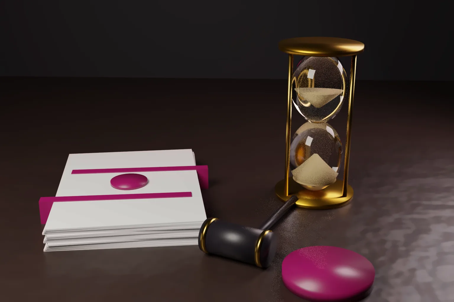 A brass hourglass with sand, a stack of blank papers bound with a wine coloured ribbon and seal, and a dark gavel with gold bands on a wooden desk.