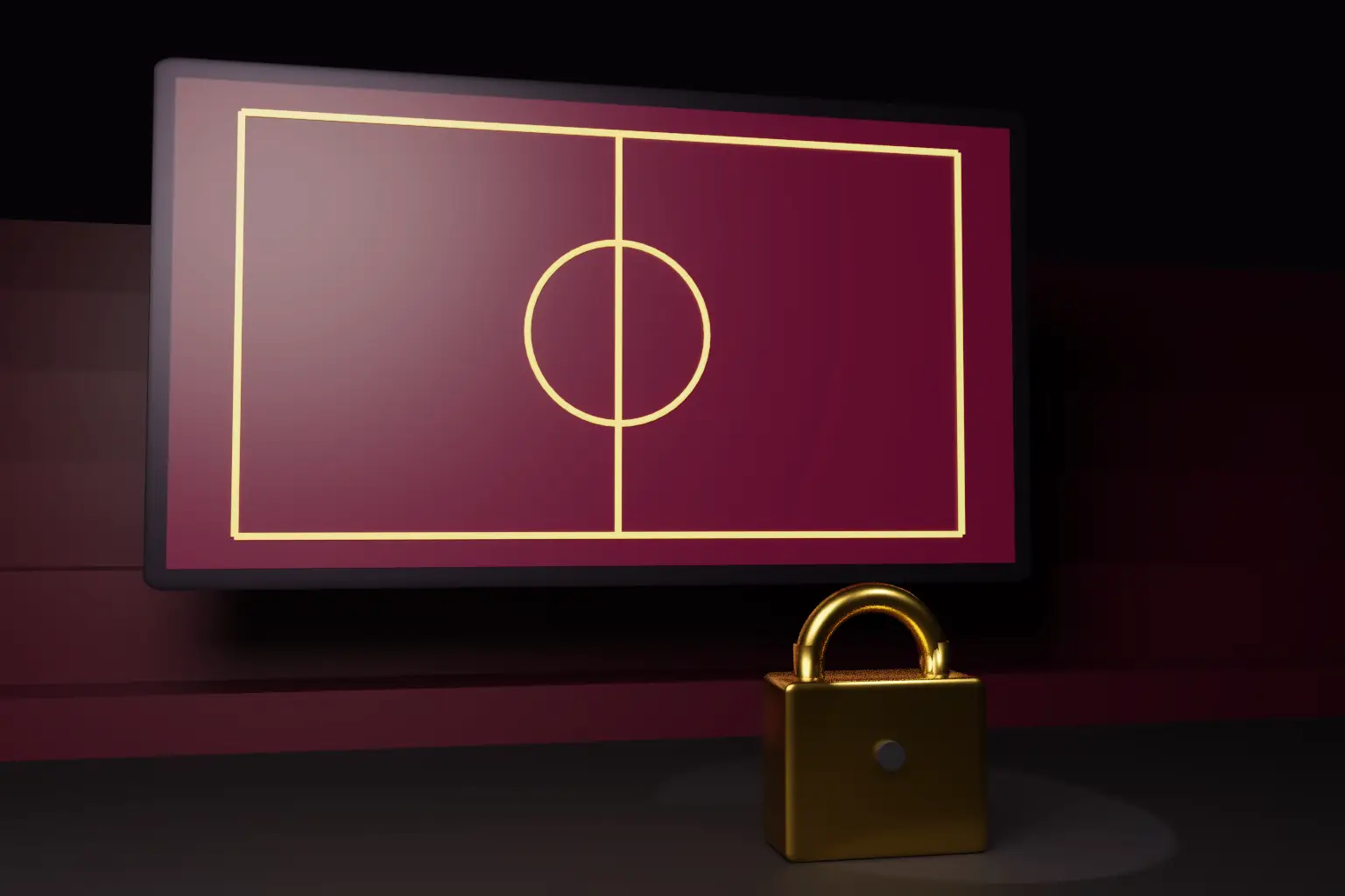 A wide screen in a dark stadium showing an abstract playing field, with a gold padlock in front of it.