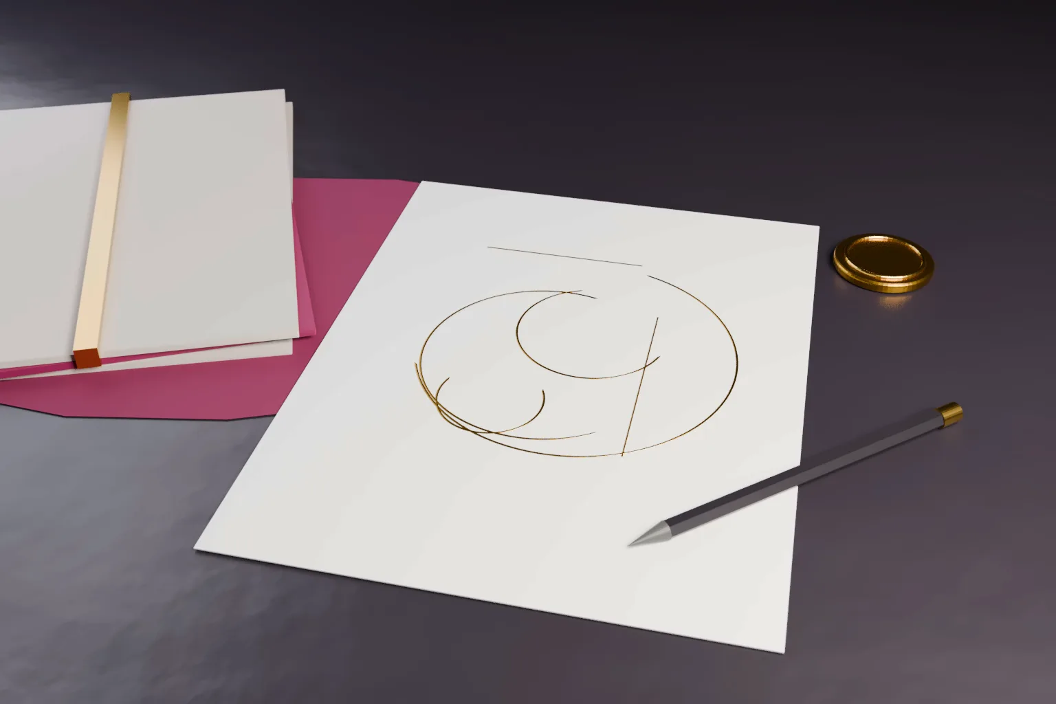 A blank drawing sheet with abstract gold line work, a dark pencil, a plain gold seal and a stack of bound folders on a wine coloured cloth on a dark desk.