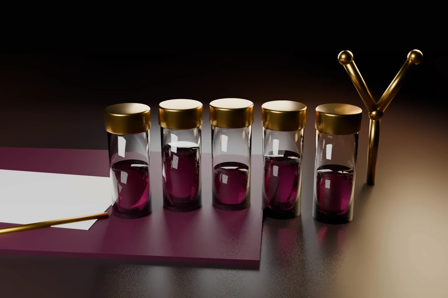 Five glass vials of wine coloured liquid with gold caps, a gold pen on a dark leather folder with a blank card, and an abstract gold Y shaped sculpture on a dark desk.