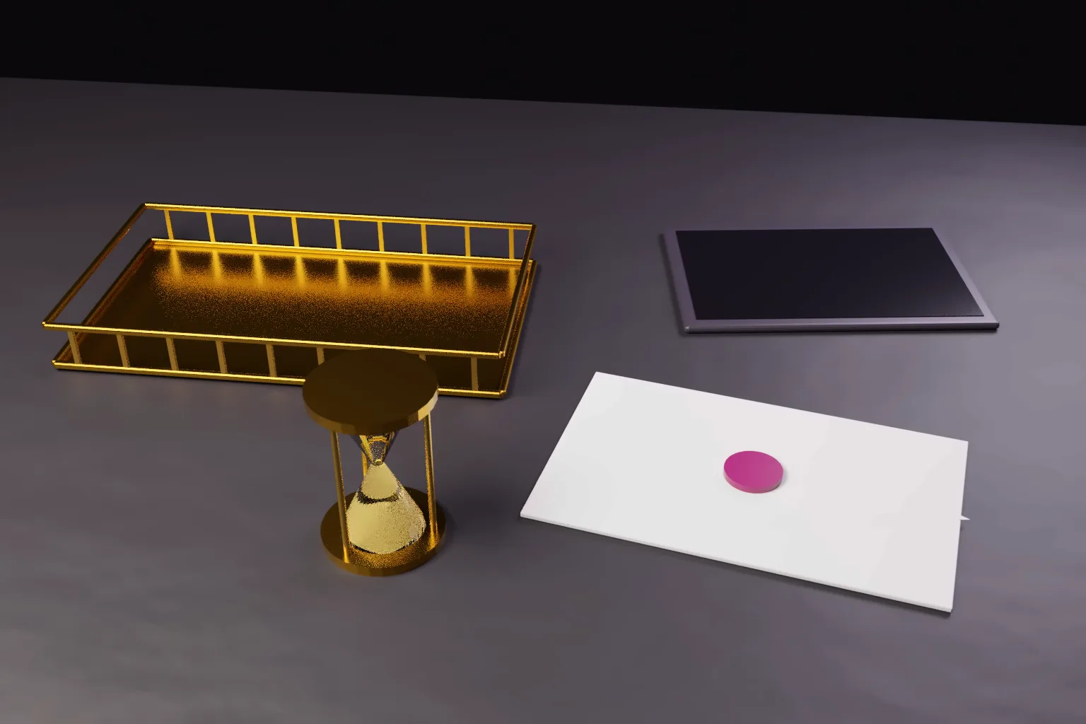 Sealed envelope with a wine coloured seal beside an empty gold letter tray, a brass hourglass and a blank tablet on a dark desk.
