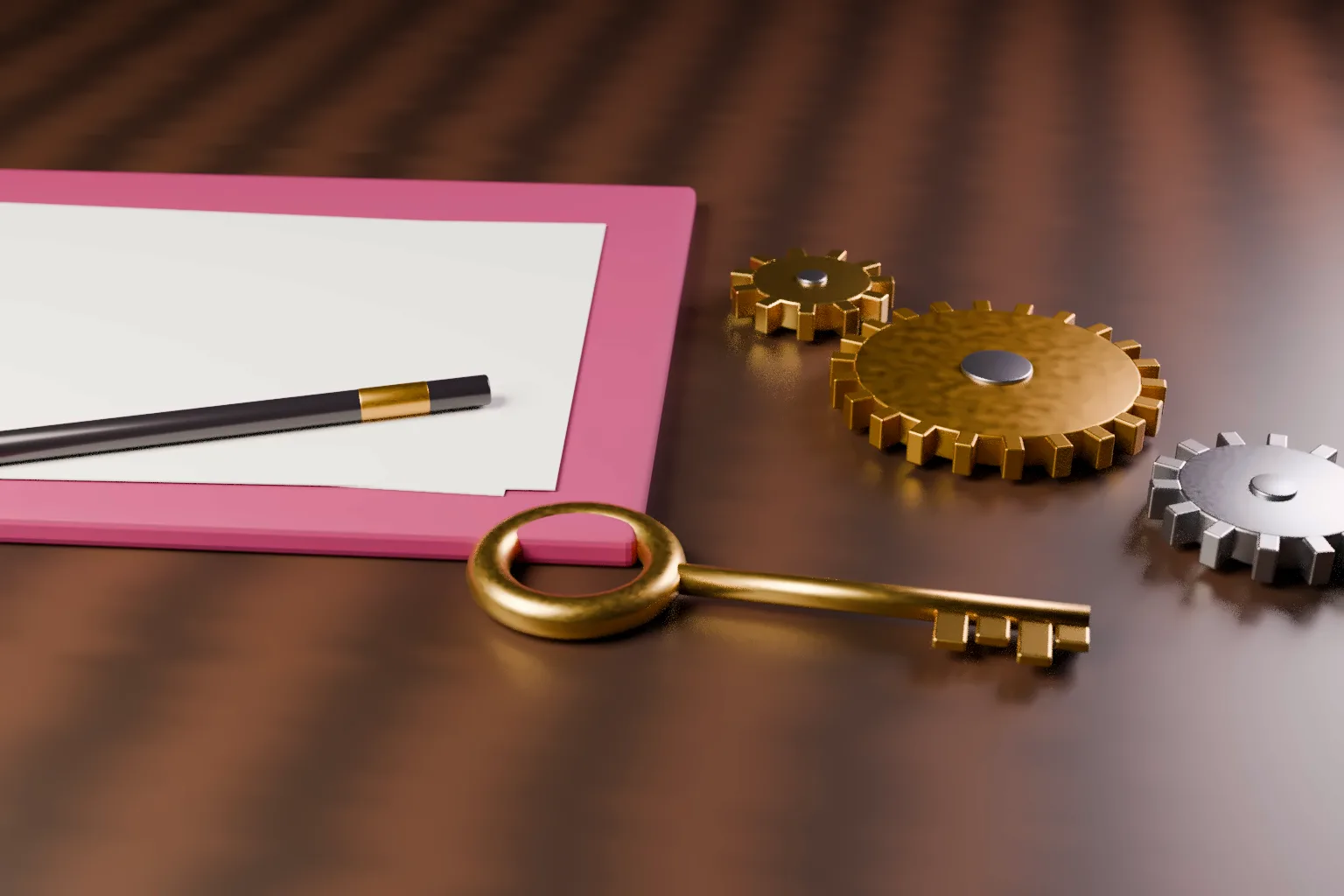 A brass key and machined gears beside a blank sheet and a pen on a wine leather folder on a dark wooden desk.
