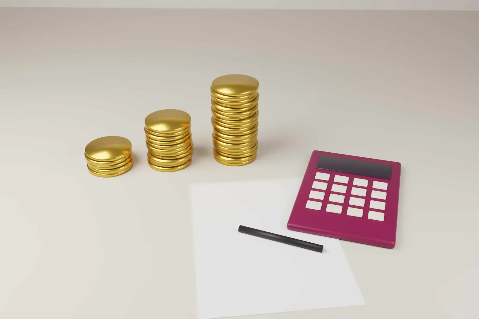 Three stacks of plain gold coins rising in height beside a wine coloured calculator, a blank sheet of paper and a pen on a pale desk.