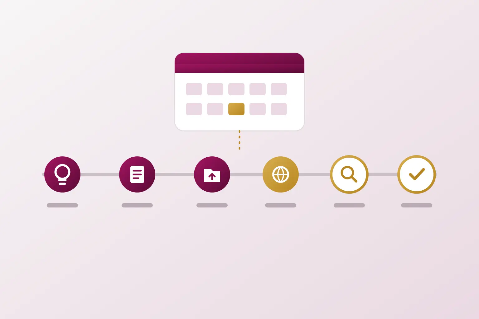 Illustration of a patent application moving through six stages from idea to grant, with a deadline calendar.
