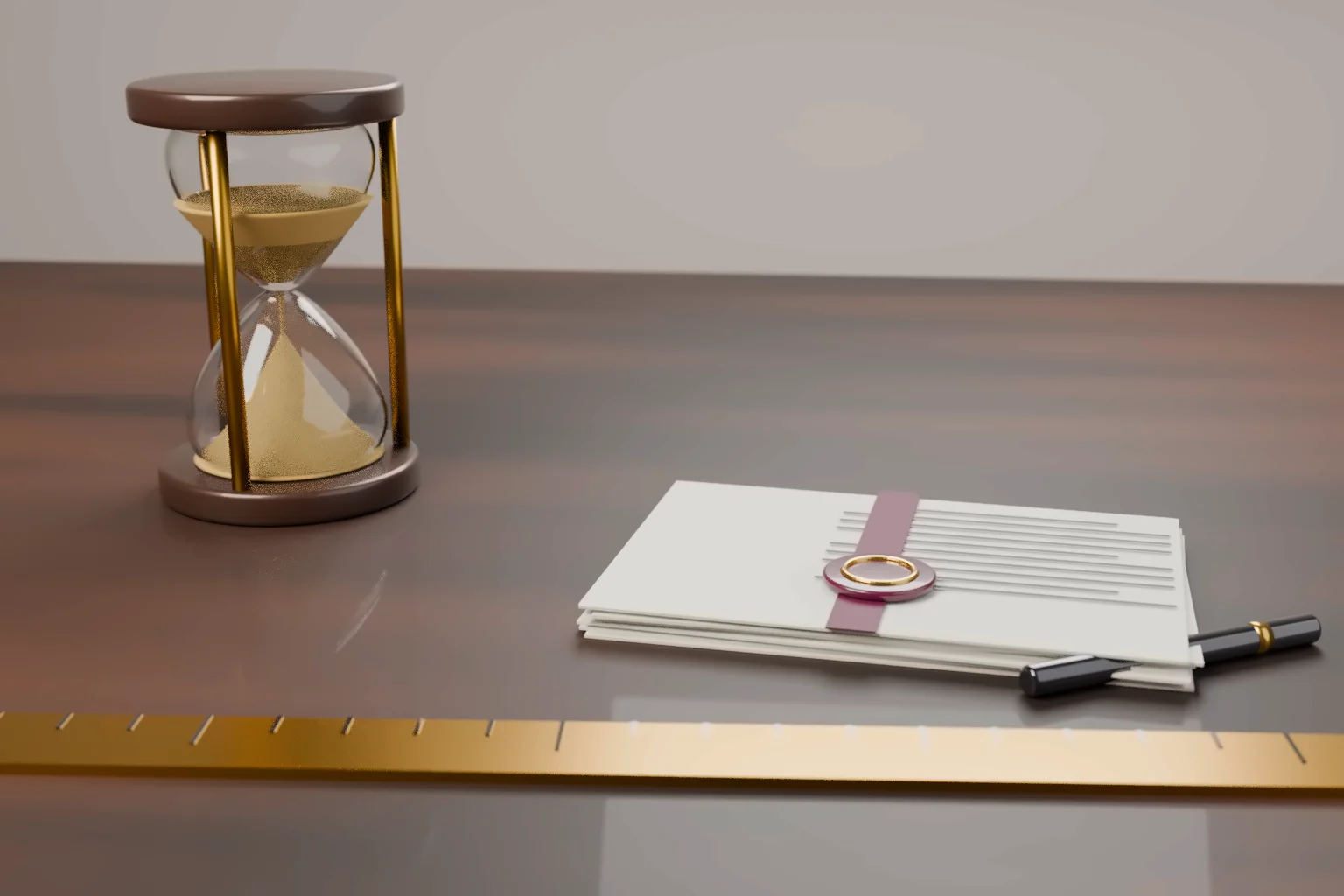 Hourglass, sealed patent papers, a pen and a brass ruler on a wooden desk.