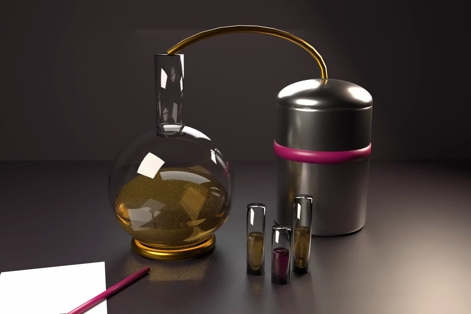 A round glass flask of amber liquid on a gold ring, linked by a gold pipe to a steel vessel with a wine band, three small vials and a blank sheet with a pen on a dark desk.