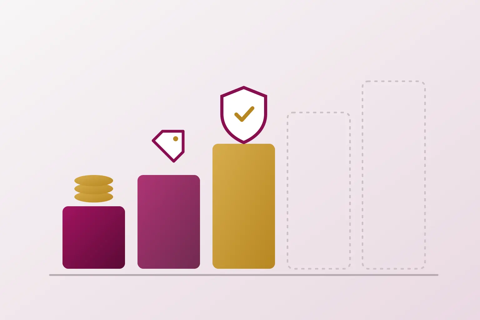 Illustration of rising steps with coins, a brand tag and a shield, and two dotted steps not yet taken.
