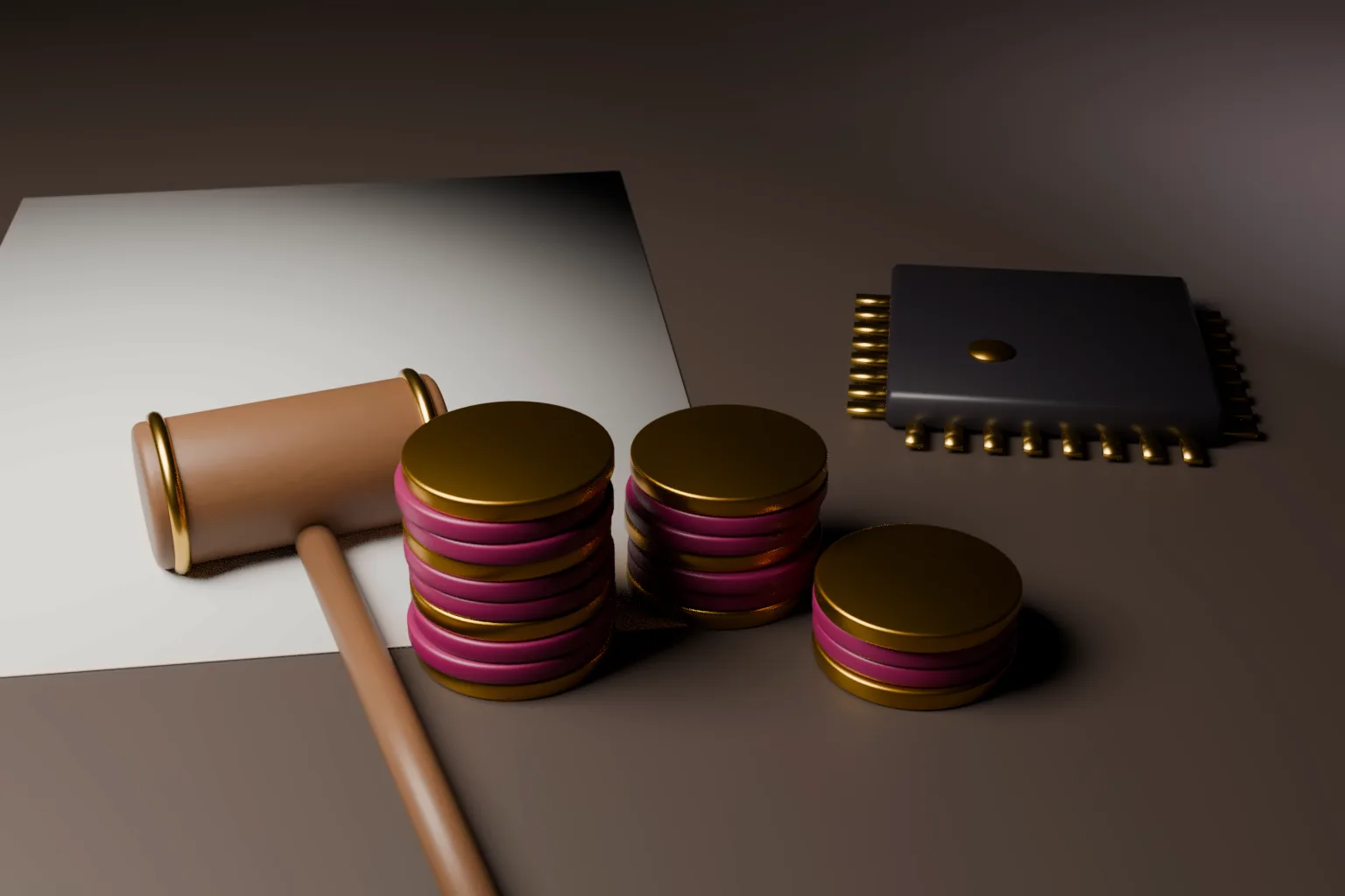 Wooden gavel with gold bands resting on a blank sheet, beside stacks of wine and gold discs and a dark chip module with gold pins.