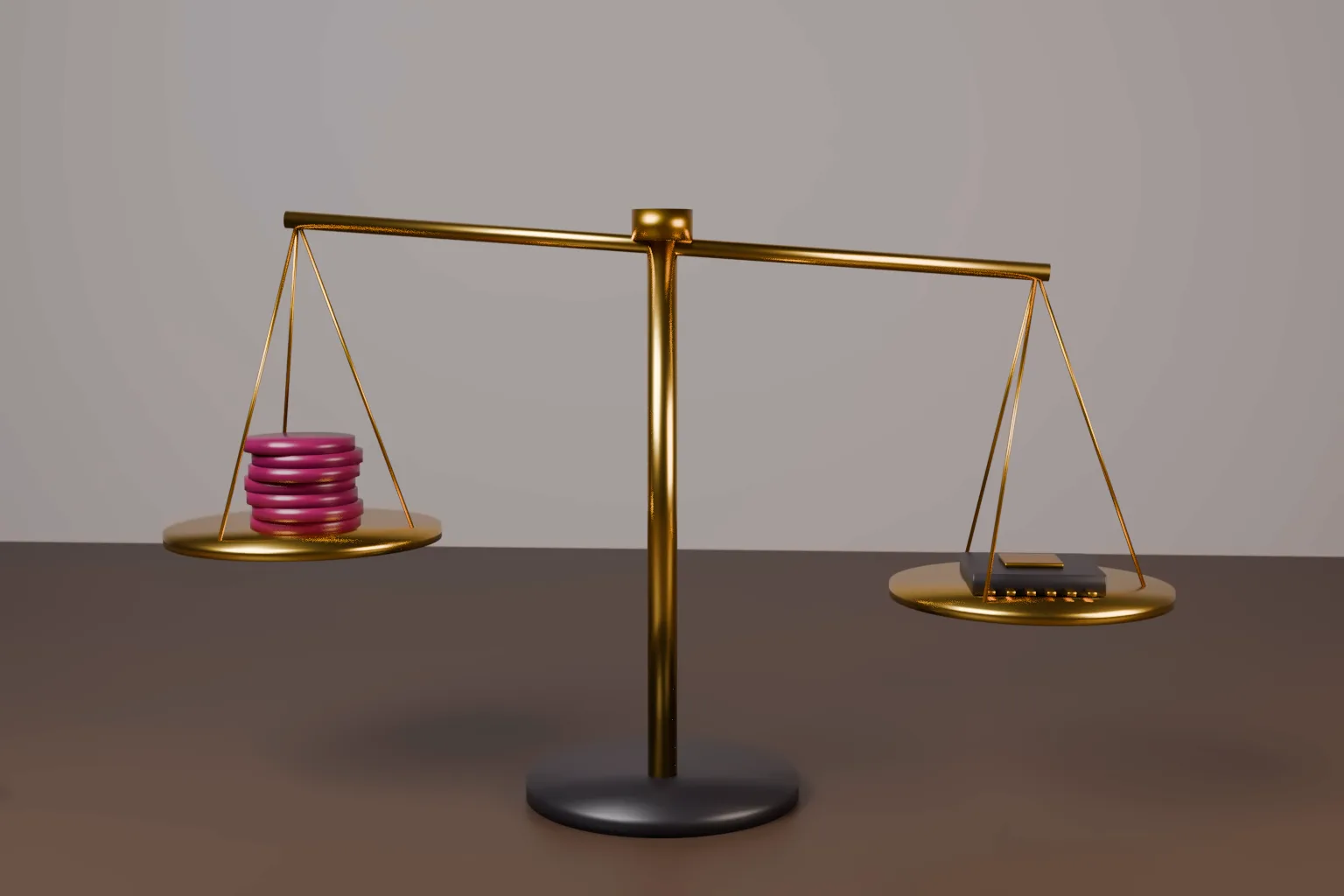 Brass balance scale on a dark table, with a stack of wine coloured discs on one pan and a small dark chip module on the other.