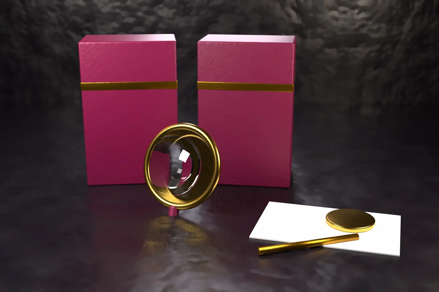 Two plain wine coloured cartons with gold bands side by side, a gold magnifying lens, a blank white card, a plain gold seal and a gold pen on a dark desk.