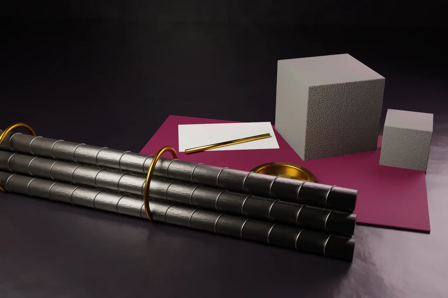 Three ribbed steel bars bound with gold rings beside two grey concrete blocks, a blank card with a gold pen and a plain gold seal on a wine coloured cloth on a dark desk.
