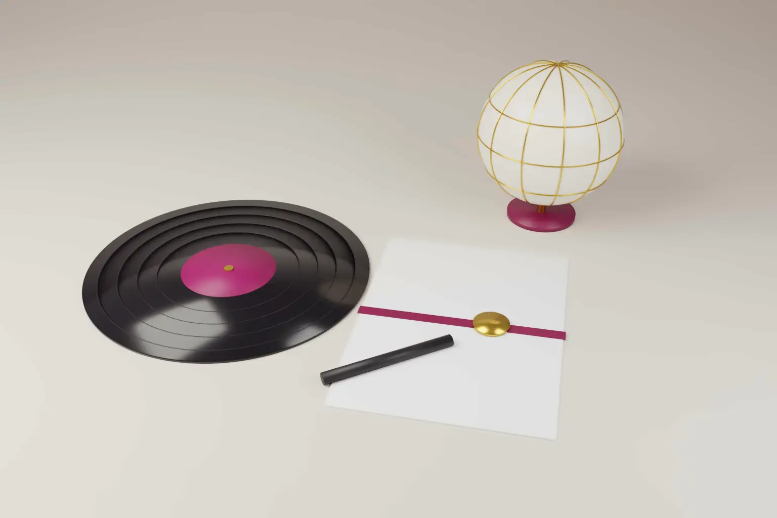 A vinyl record with a wine label, a deed tied with a wine ribbon and gold seal, a pen and a gold wire globe on a pale desk.