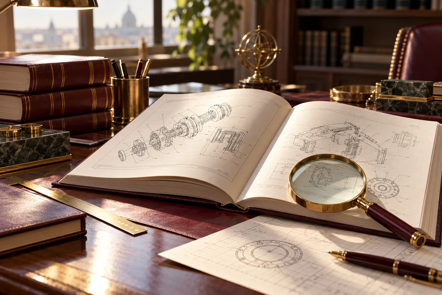 Illustrative patent specification with technical drawings and a magnifier.