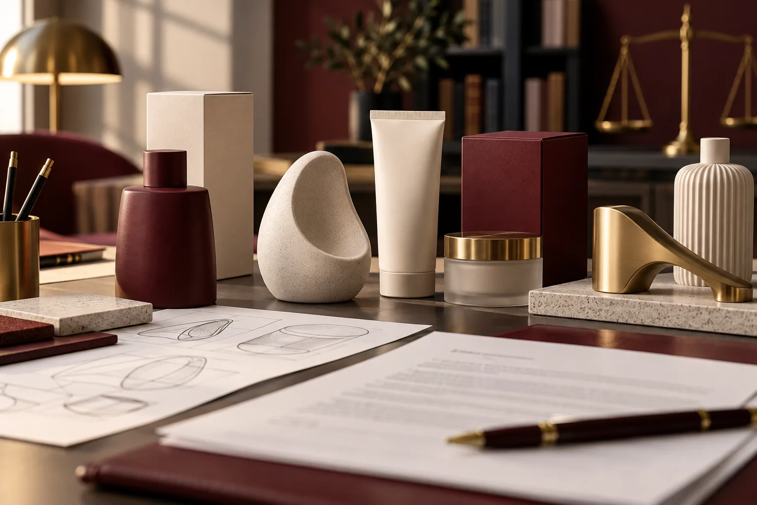 Illustrative product shapes and packaging on a design studio table.