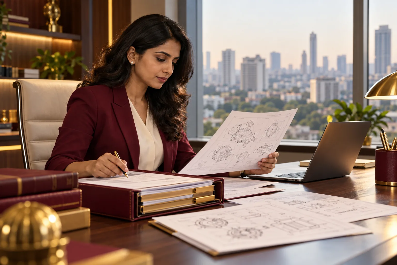 Illustrative professional reviewing technical patent drawings in an office.