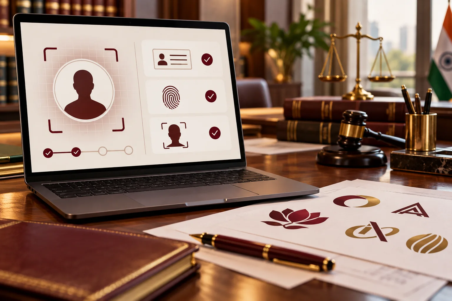 Illustrative digital identity checks beside sample brand designs.