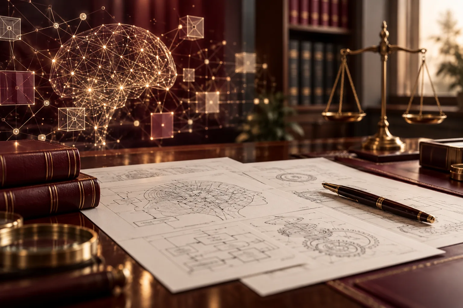 Illustrative AI network visual above patent drawings on a desk.