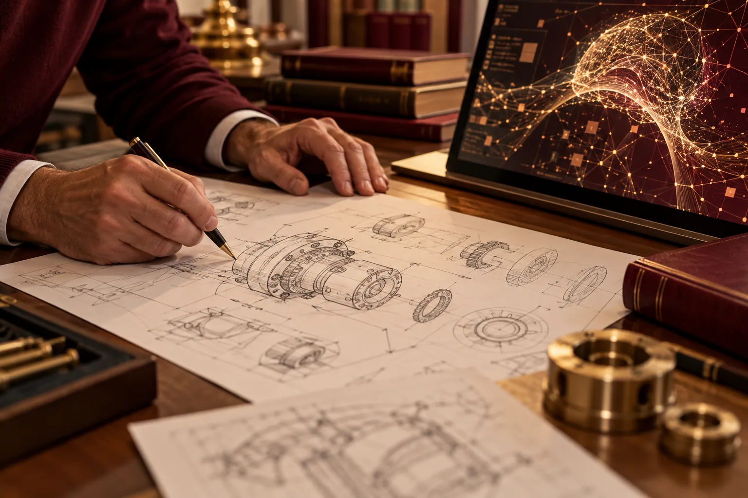 Illustrative inventor reviewing an engineering drawing beside an AI visualization.