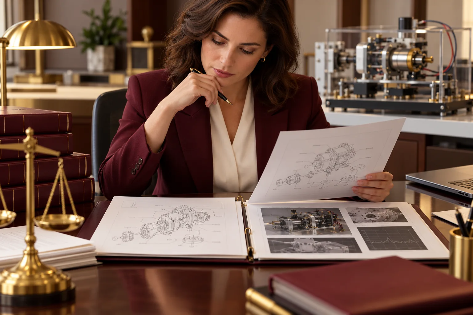 Illustrative professional reviewing technical evidence and patent drawings.