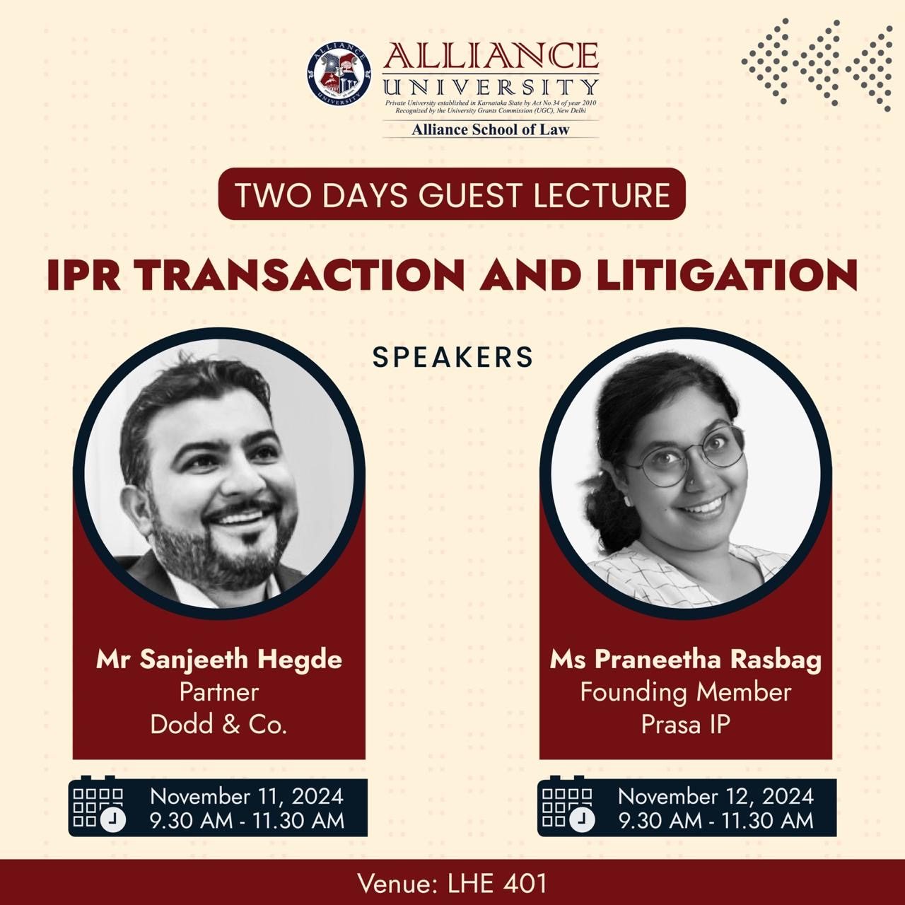 Alliance University guest lecture on IPR Transaction and Litigation featuring Praneetha Rasbag, 12 November 2024