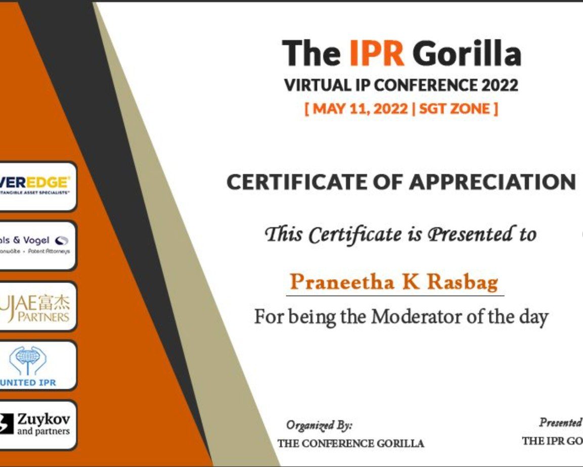 IPR Gorilla 2022 certificate of appreciation for Praneetha K Rasbag