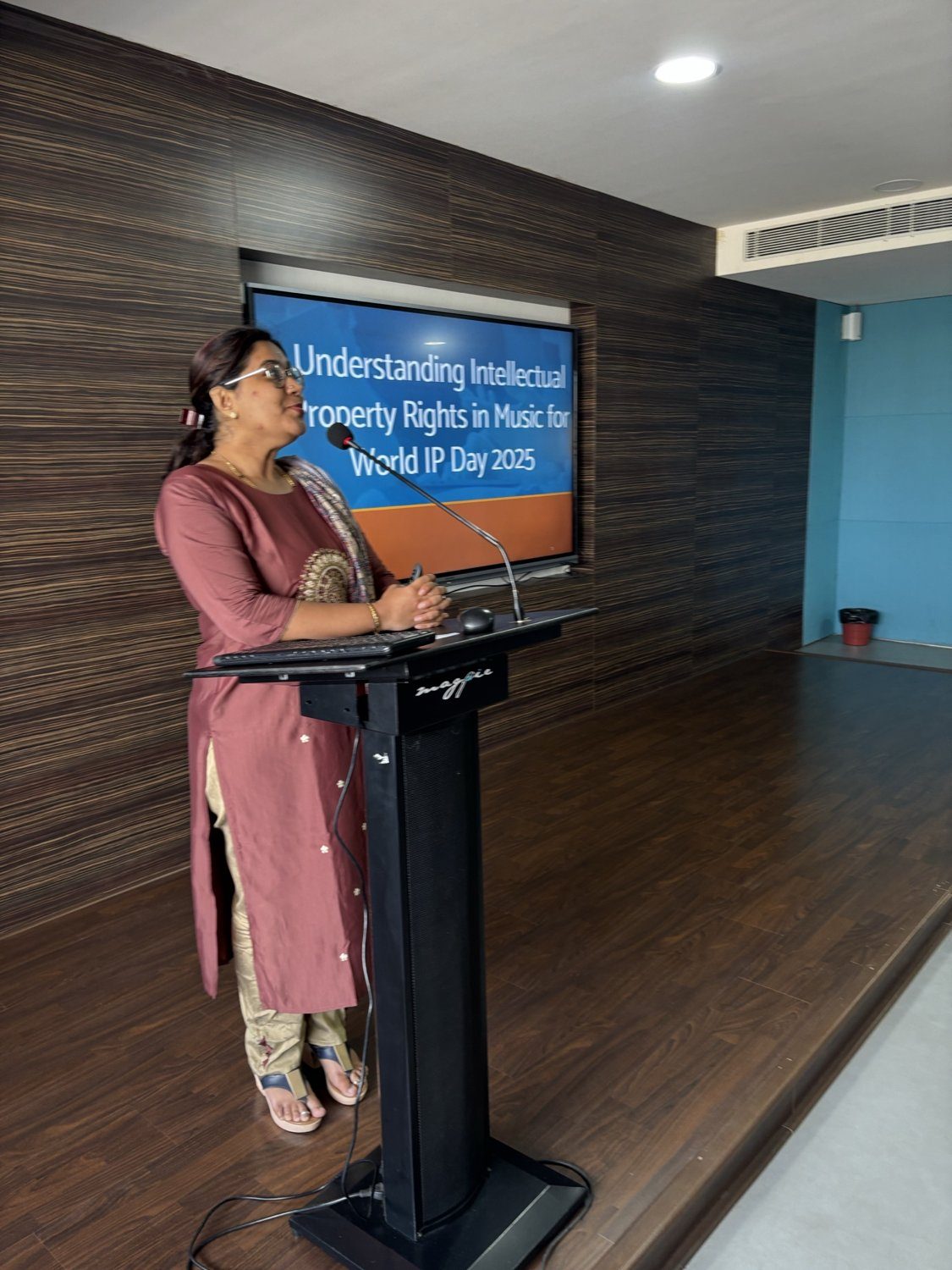 Praneetha K Rasbag presenting Understanding IPR in Music for World IP Day 2025